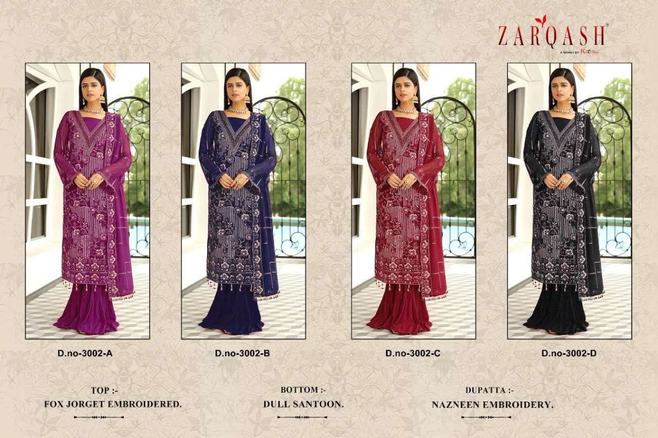 Zarqash Hit Design 3002 Colours By Zarqash 3002-A To 3002-D Series Beautiful Pakistani Suits Colorful Stylish Fancy Casual Wear & Ethnic Wear Heavy Georgette Dresses At Wholesale Price