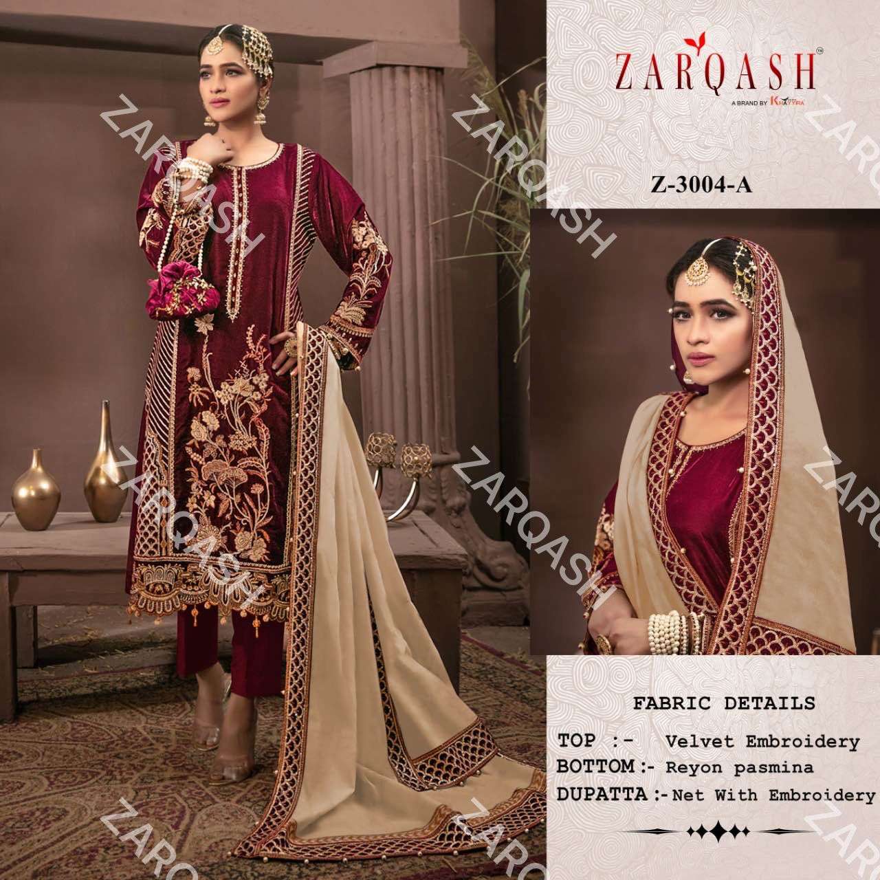 Zarqash Hit Design 3004 Colours By Zarqash 3004-A To 3004-D Series Designer Pakistani Suits Collection Beautiful Stylish Colorful Fancy Party Wear & Occasional Wear Velvet Embroidery Dresses At Wholesale Price