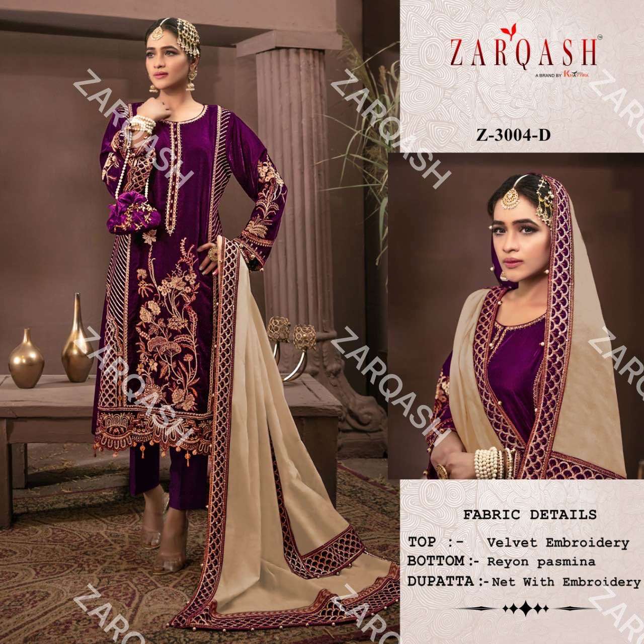 Zarqash Hit Design 3004 Colours By Zarqash 3004-A To 3004-D Series Designer Pakistani Suits Collection Beautiful Stylish Colorful Fancy Party Wear & Occasional Wear Velvet Embroidery Dresses At Wholesale Price