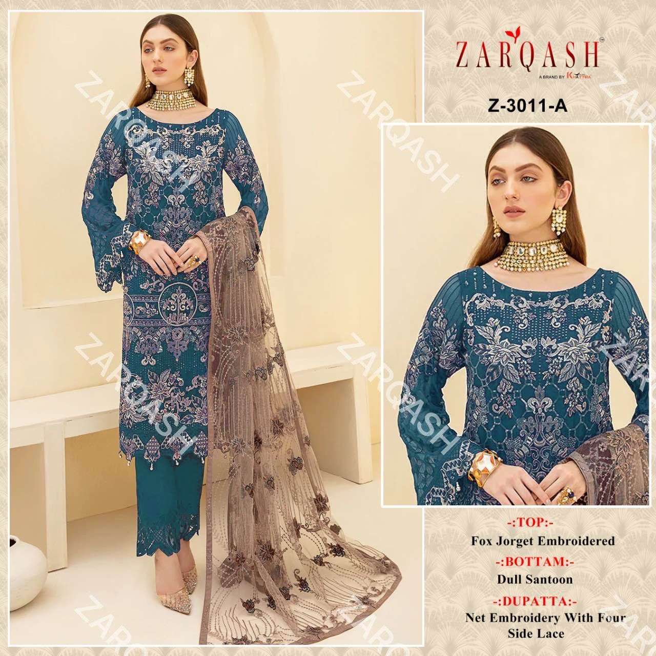 Zarqash Hit Design 3011 Colours By Zarqash 3011-A To 3011-D Series Designer Pakistani Suits Collection Beautiful Stylish Colorful Fancy Party Wear & Occasional Wear Faux Georgette Dresses At Wholesale Price