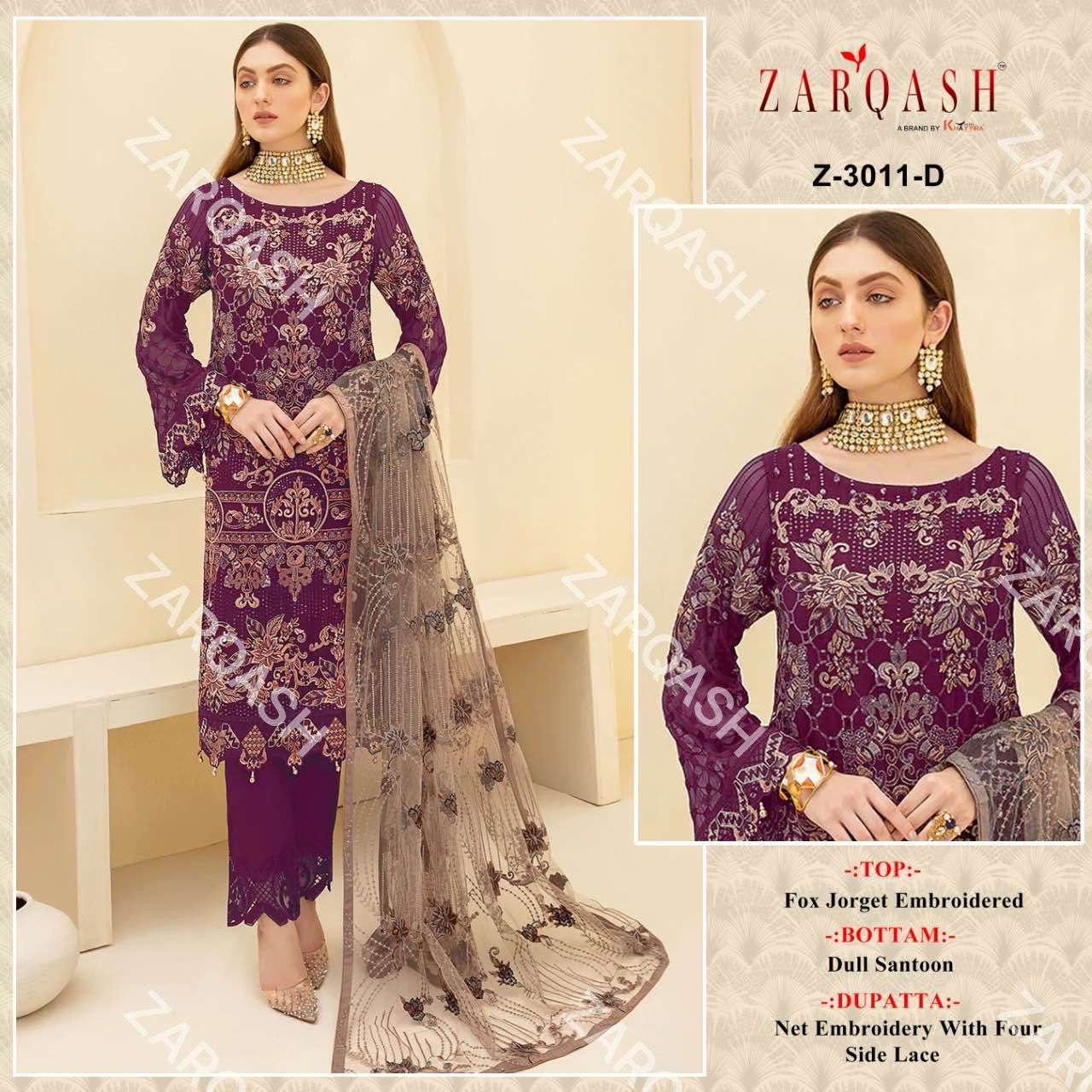 Zarqash Hit Design 3011 Colours By Zarqash 3011-A To 3011-D Series Designer Pakistani Suits Collection Beautiful Stylish Colorful Fancy Party Wear & Occasional Wear Faux Georgette Dresses At Wholesale Price