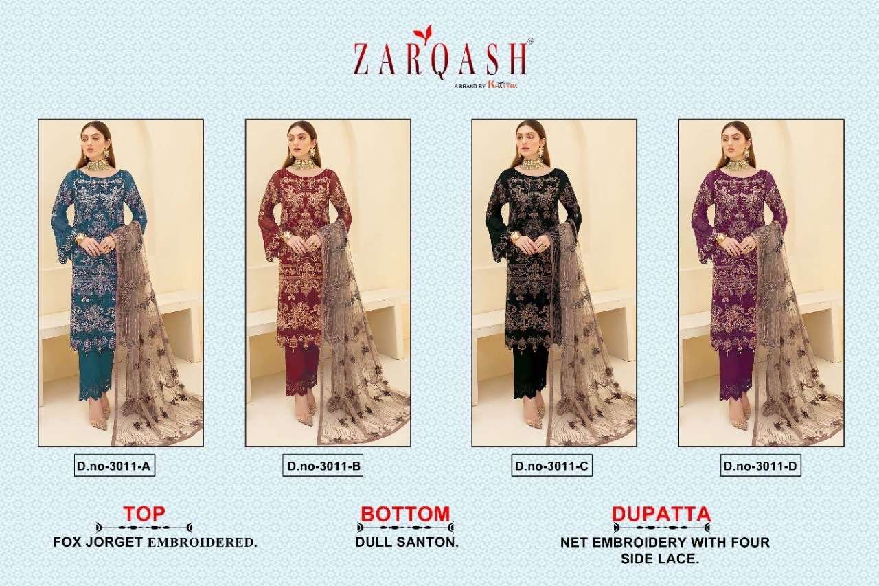 Zarqash Hit Design 3011 Colours By Zarqash 3011-A To 3011-D Series Designer Pakistani Suits Collection Beautiful Stylish Colorful Fancy Party Wear & Occasional Wear Faux Georgette Dresses At Wholesale Price