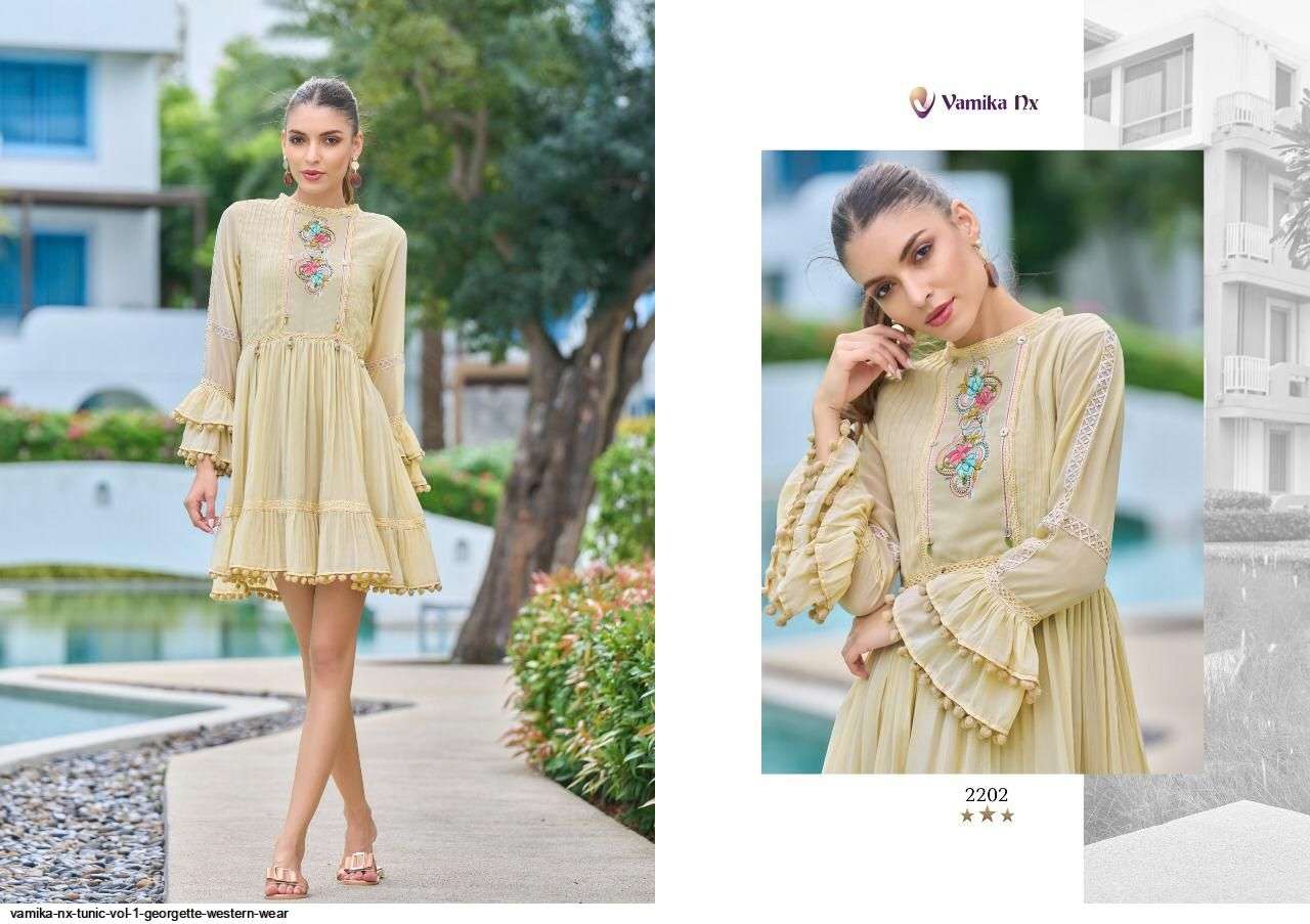 TUNIC VOL-1 BY VAMIKA 2201 TO 2206 SERIES BEAUTIFUL STYLISH FANCY COLORFUL CASUAL WEAR & ETHNIC WEAR GEORGETTE WITH WORK TOPS AT WHOLESALE PRICE