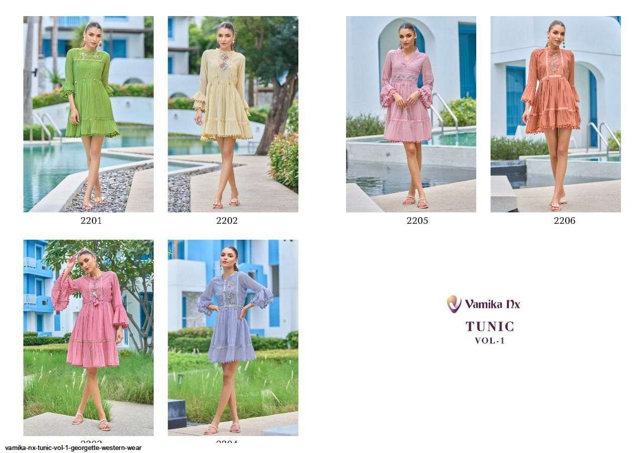 TUNIC VOL-1 BY VAMIKA 2201 TO 2206 SERIES BEAUTIFUL STYLISH FANCY COLORFUL CASUAL WEAR & ETHNIC WEAR GEORGETTE WITH WORK TOPS AT WHOLESALE PRICE