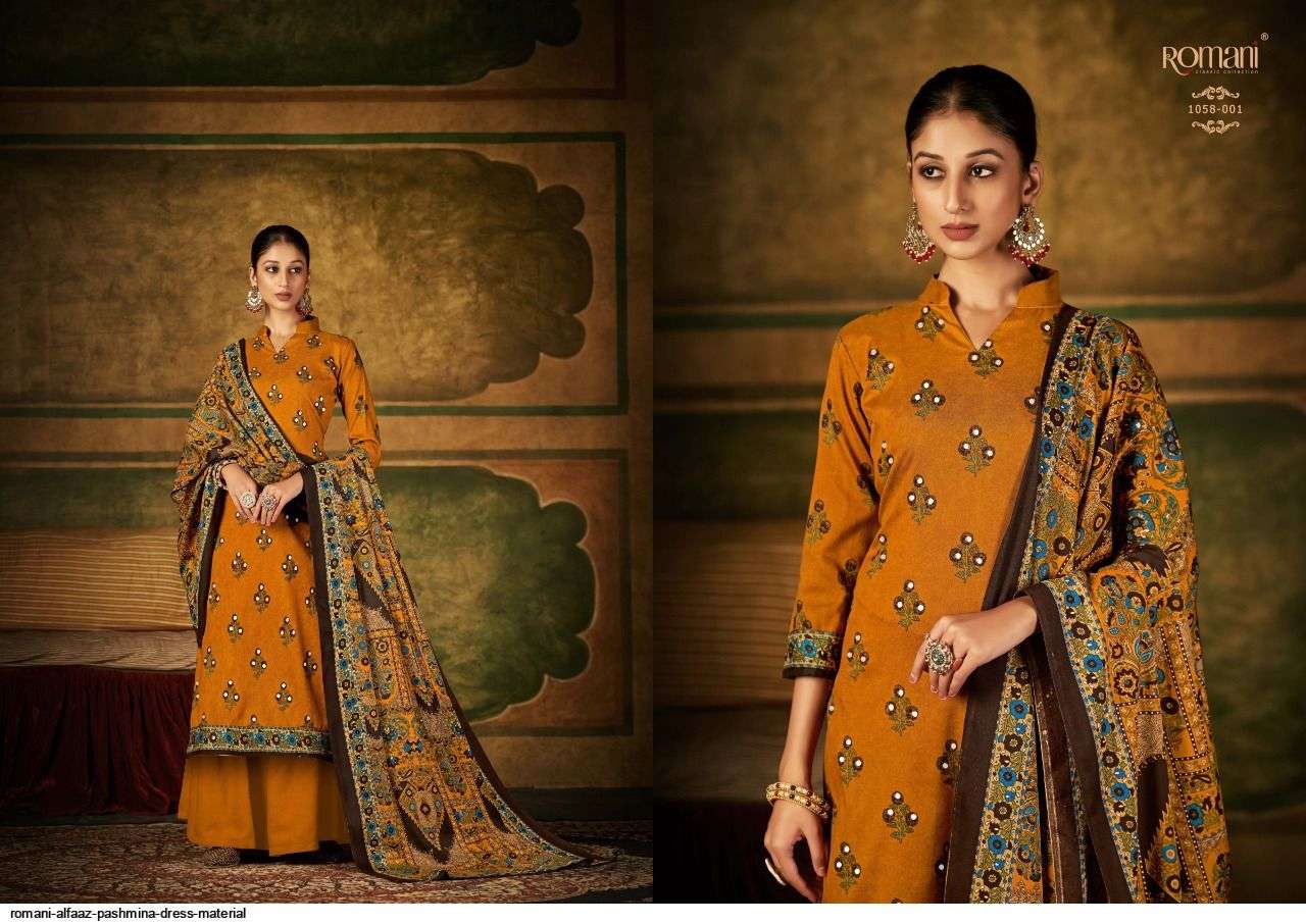 ALFAAZ BY ROMANI 1058-001 TO 1058-010 SERIES DESIGNER SUITS BEAUTIFUL FANCY COLORFUL STYLISH PARTY WEAR & OCCASIONAL WEAR PURE PASHMINA WITH WORK DRESSES AT WHOLESALE PRICE