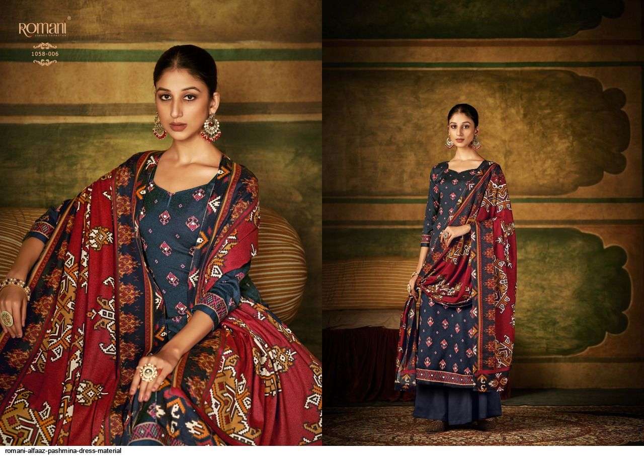 ALFAAZ BY ROMANI 1058-001 TO 1058-010 SERIES DESIGNER SUITS BEAUTIFUL FANCY COLORFUL STYLISH PARTY WEAR & OCCASIONAL WEAR PURE PASHMINA WITH WORK DRESSES AT WHOLESALE PRICE