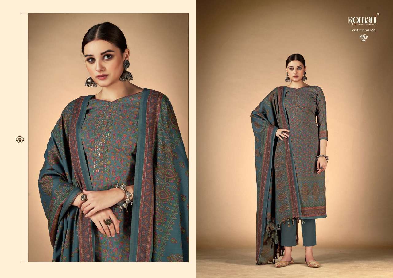 RUKSANA BY ROMANI 1056-001 TO 1056-010 SERIES DESIGNER SUITS BEAUTIFUL FANCY COLORFUL STYLISH PARTY WEAR & OCCASIONAL WEAR PURE PASHMINA WITH WORK DRESSES AT WHOLESALE PRICE