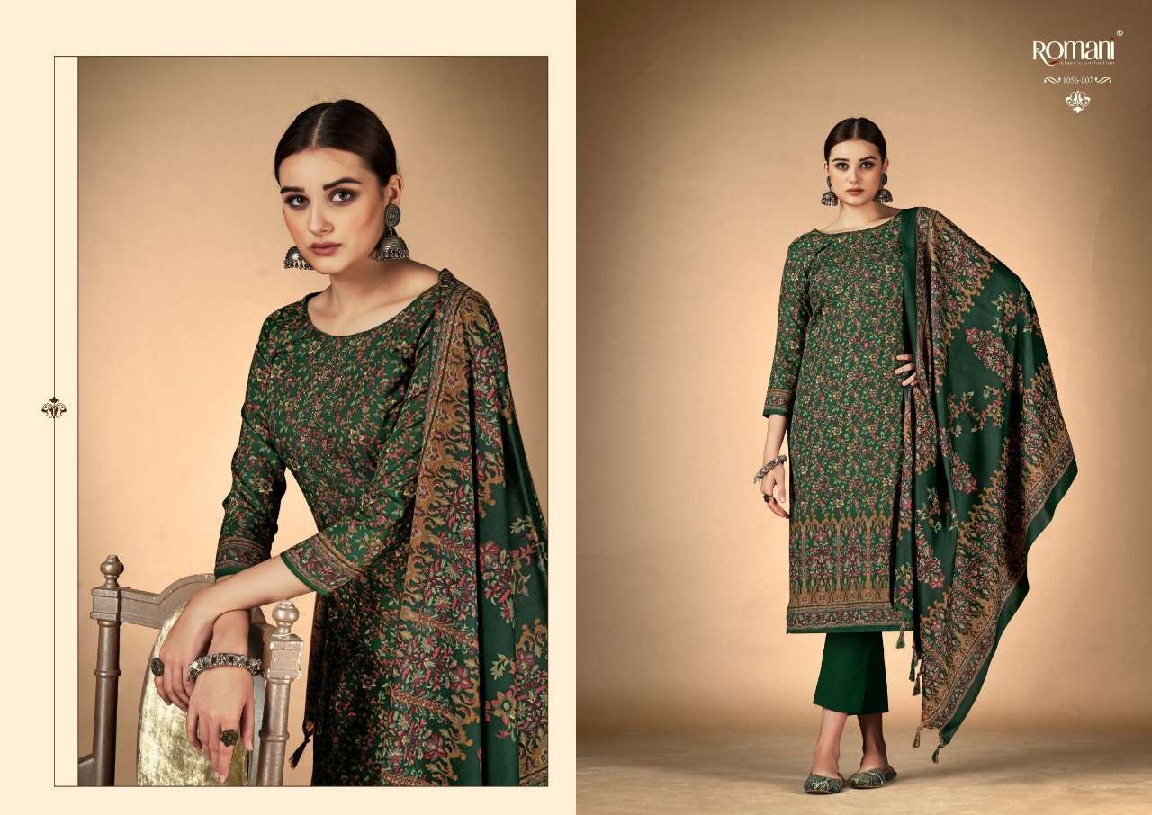 RUKSANA BY ROMANI 1056-001 TO 1056-010 SERIES DESIGNER SUITS BEAUTIFUL FANCY COLORFUL STYLISH PARTY WEAR & OCCASIONAL WEAR PURE PASHMINA WITH WORK DRESSES AT WHOLESALE PRICE