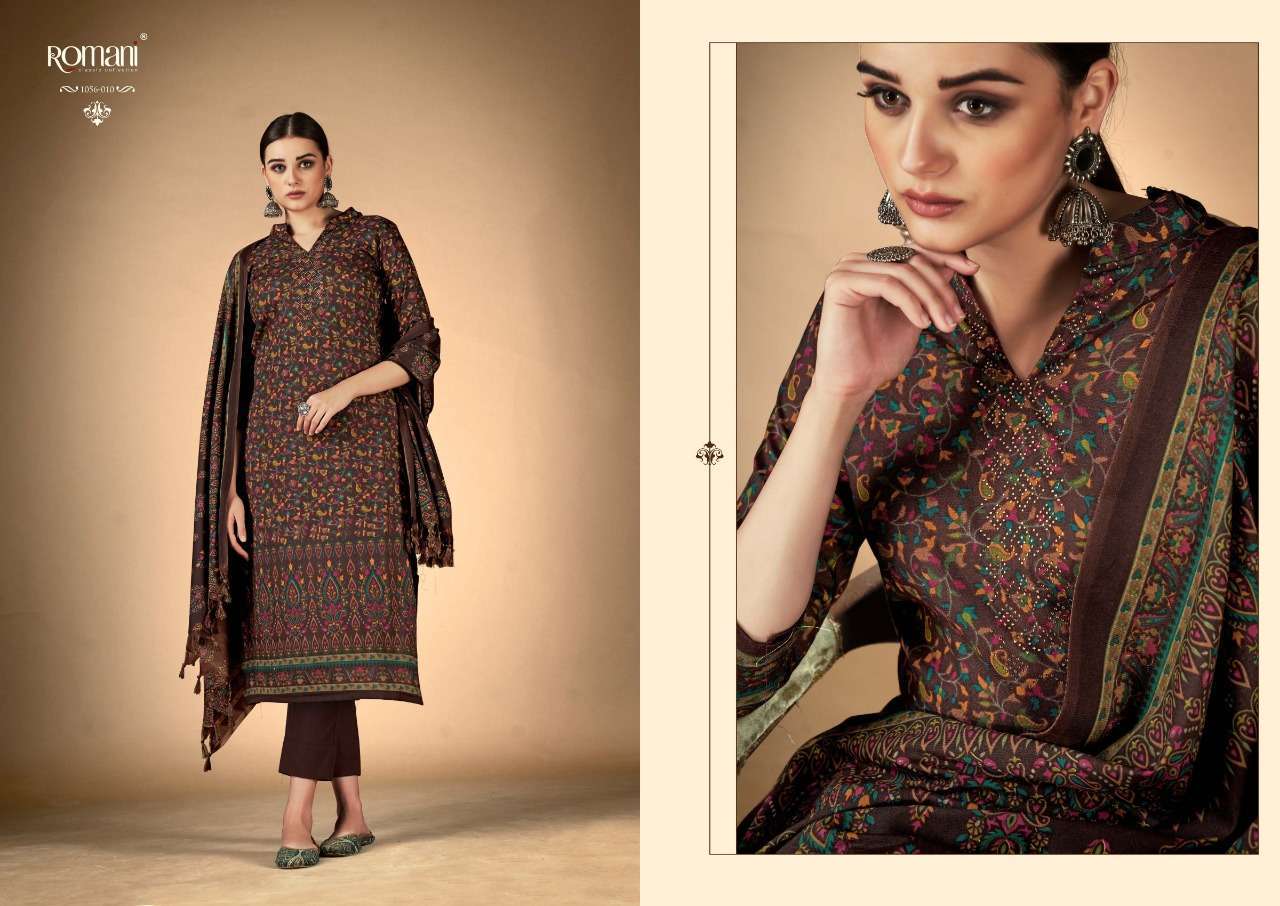 RUKSANA BY ROMANI 1056-001 TO 1056-010 SERIES DESIGNER SUITS BEAUTIFUL FANCY COLORFUL STYLISH PARTY WEAR & OCCASIONAL WEAR PURE PASHMINA WITH WORK DRESSES AT WHOLESALE PRICE