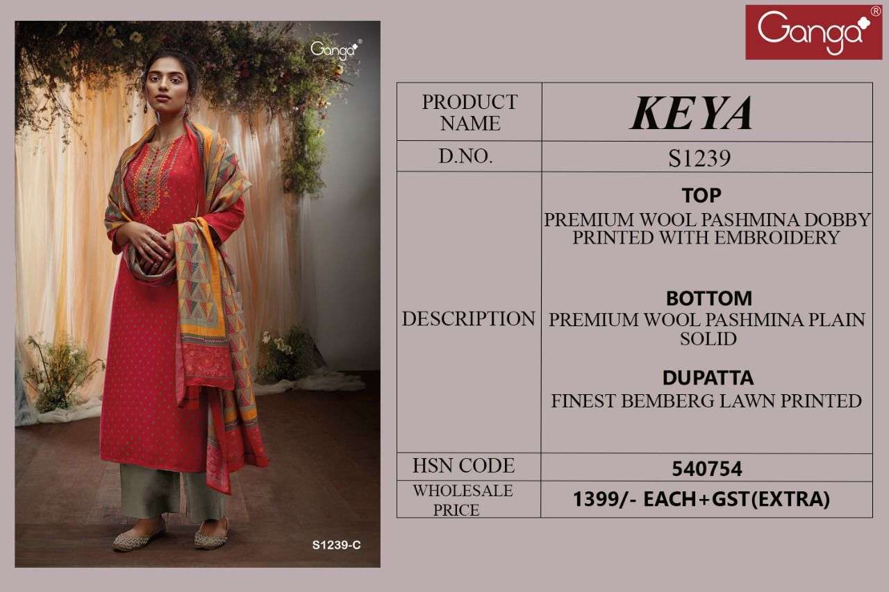 KEYA-1239 BY GANGA FASHION 1239-A TO 1239-D SERIES BEAUTIFUL SUITS COLORFUL STYLISH FANCY CASUAL WEAR & ETHNIC WEAR PREMIUM PASHMINA PRINT DRESSES AT WHOLESALE PRICE