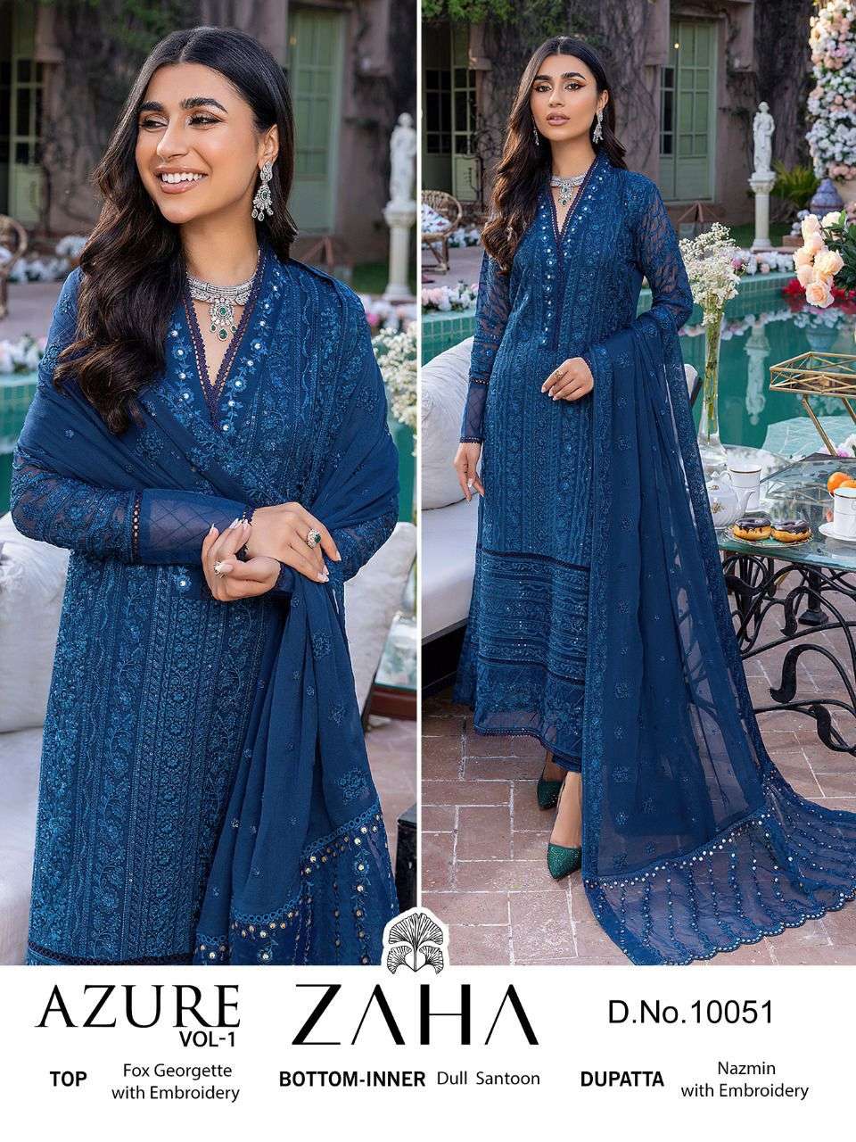 AZURE VOL-1 BY ZAHA 10051 TO 10053 SERIES BEAUTIFUL PAKISTANI SUITS COLORFUL STYLISH FANCY CASUAL WEAR & ETHNIC WEAR GEORGETTE EMBROIDERED DRESSES AT WHOLESALE PRICE