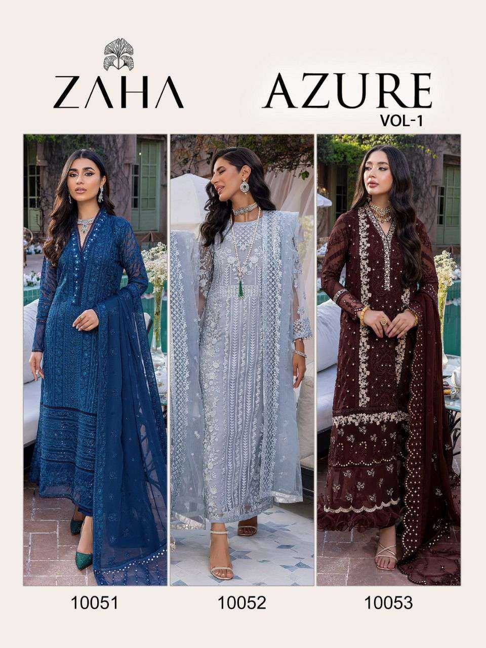 AZURE VOL-1 BY ZAHA 10051 TO 10053 SERIES BEAUTIFUL PAKISTANI SUITS COLORFUL STYLISH FANCY CASUAL WEAR & ETHNIC WEAR GEORGETTE EMBROIDERED DRESSES AT WHOLESALE PRICE
