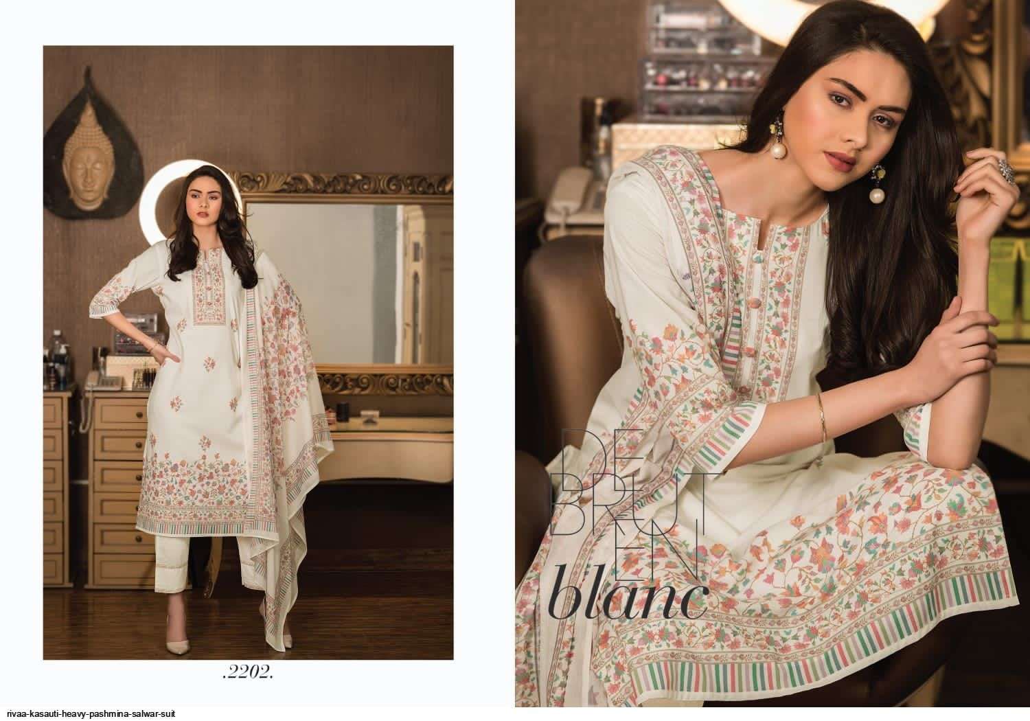 KASAUTI BY RIVAA 2201 TO 2207 SERIES BEAUTIFUL WINTER COLLECTION PAKISATNI SUITS STYLISH FANCY COLORFUL CASUAL WEAR & ETHNIC WEAR HEAVY PASHMINA DIGITAL PRINT DRESSES AT WHOLESALE PRICE