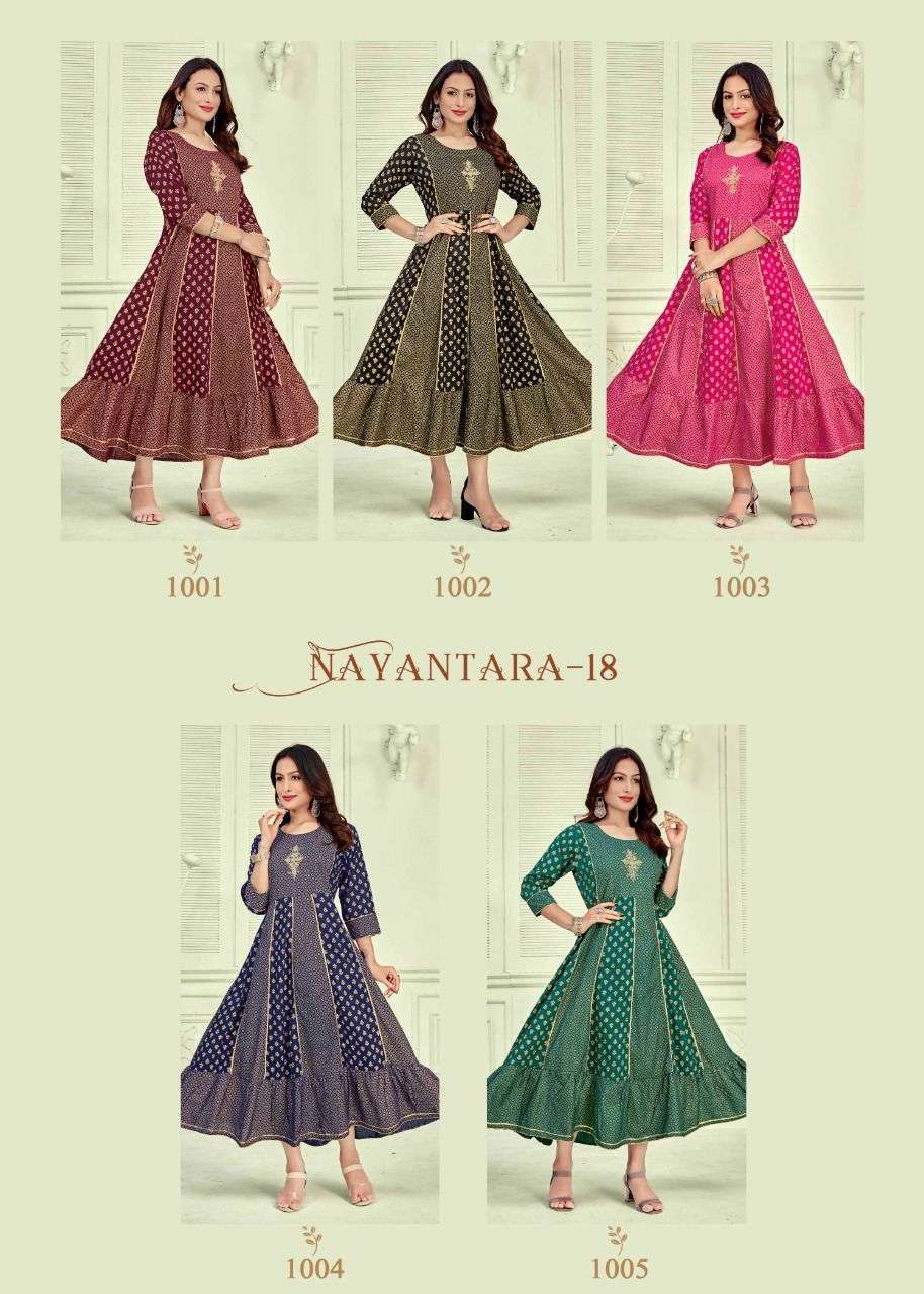 NAYANTARA VOL-18 BY BANWERY FASHION 1001 TO 1005 SERIES DESIGNER STYLISH FANCY COLORFUL BEAUTIFUL PARTY WEAR & ETHNIC WEAR COLLECTION RAYON FOIL PRINT KURTIS AT WHOLESALE PRICE