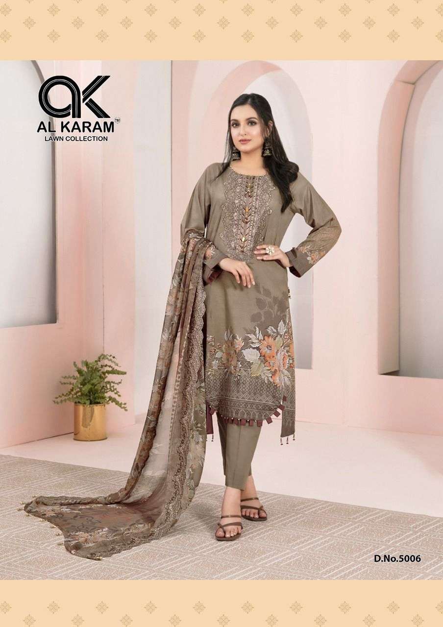 KESARIYA VOL-5 BY AL KARAM LAWN COLLECTION 5001 TO 5006 SERIES BEAUTIFUL SUITS STYLISH FANCY COLORFUL PARTY WEAR & OCCASIONAL WEAR HEAVY CAMBRIC PRINT DRESSES AT WHOLESALE PRICE