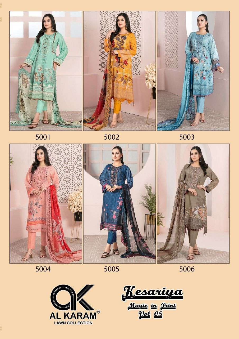 KESARIYA VOL-5 BY AL KARAM LAWN COLLECTION 5001 TO 5006 SERIES BEAUTIFUL SUITS STYLISH FANCY COLORFUL PARTY WEAR & OCCASIONAL WEAR HEAVY CAMBRIC PRINT DRESSES AT WHOLESALE PRICE