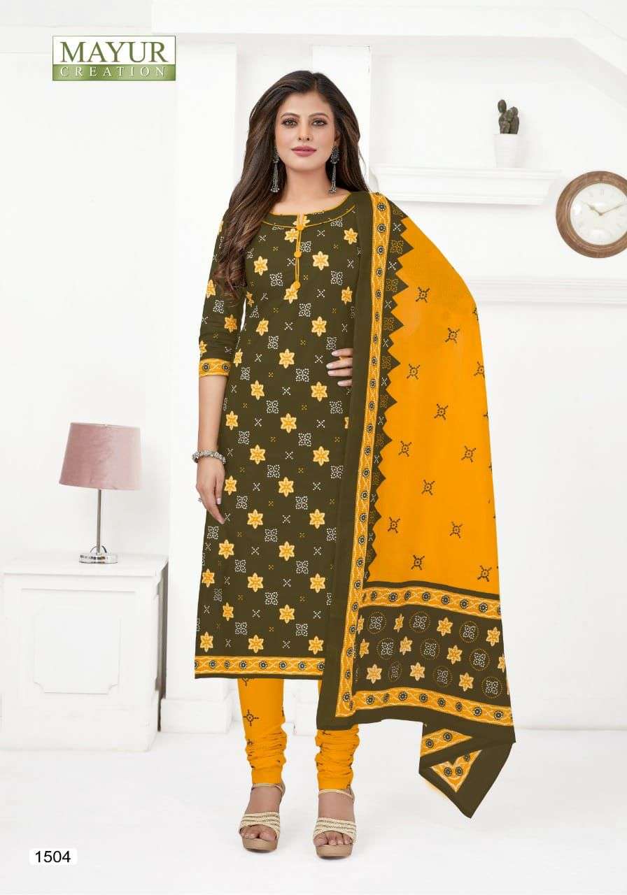BANDHANI SPECIAL VOL-15 BY MAYUR CREATION 1501 TO 1510 SERIES BEAUTIFUL STYLISH SUITS FANCY COLORFUL CASUAL WEAR & ETHNIC WEAR & READY TO WEAR PURE COTTON DRESSES AT WHOLESALE PRICE