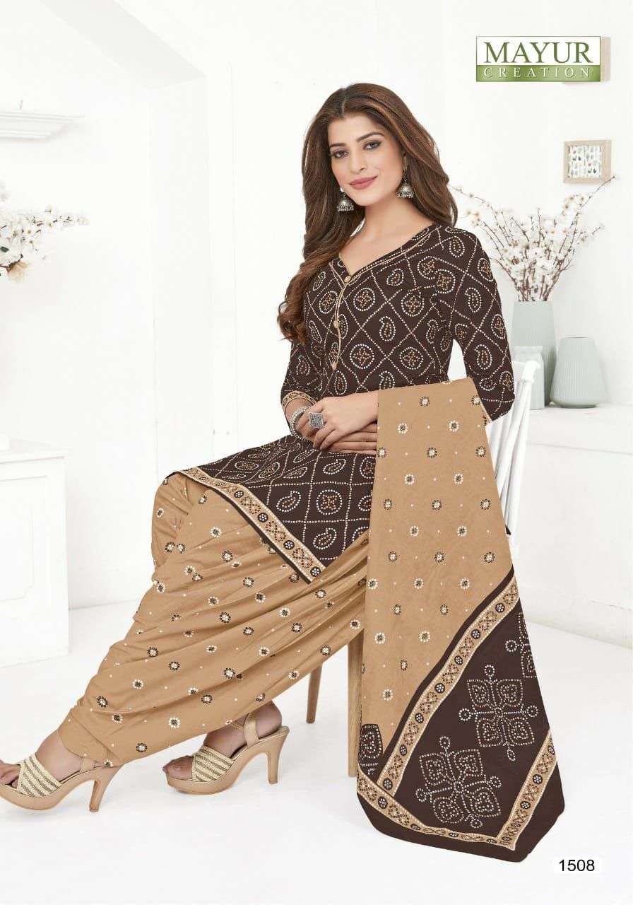 BANDHANI SPECIAL VOL-15 BY MAYUR CREATION 1501 TO 1510 SERIES BEAUTIFUL STYLISH SUITS FANCY COLORFUL CASUAL WEAR & ETHNIC WEAR & READY TO WEAR PURE COTTON DRESSES AT WHOLESALE PRICE
