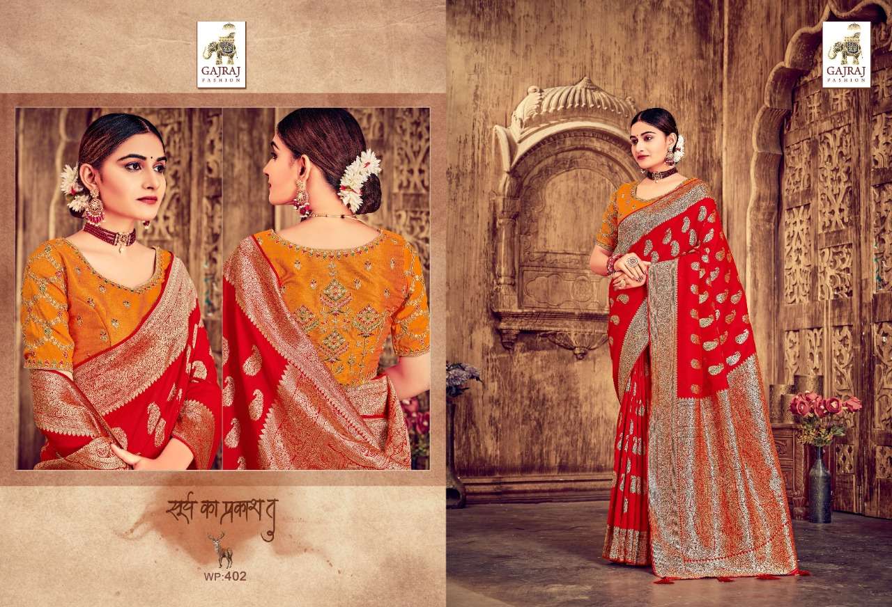 GAJRAJ 401 SERIES BY GAJRAJ FASHION 401 TO 410 SERIES INDIAN TRADITIONAL WEAR COLLECTION BEAUTIFUL STYLISH FANCY COLORFUL PARTY WEAR & OCCASIONAL WEAR BANARASI SILK SAREES AT WHOLESALE PRICE