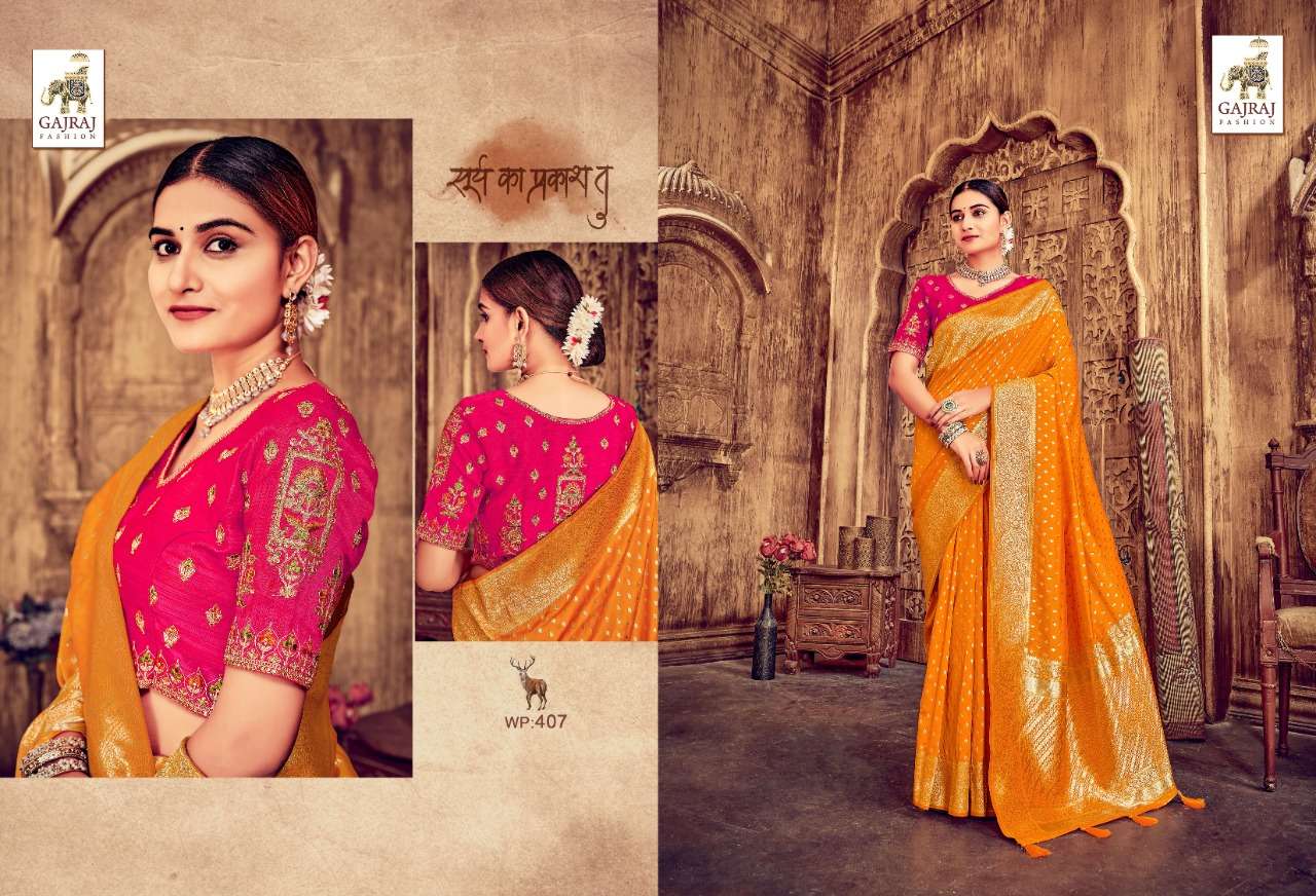 GAJRAJ 401 SERIES BY GAJRAJ FASHION 401 TO 410 SERIES INDIAN TRADITIONAL WEAR COLLECTION BEAUTIFUL STYLISH FANCY COLORFUL PARTY WEAR & OCCASIONAL WEAR BANARASI SILK SAREES AT WHOLESALE PRICE