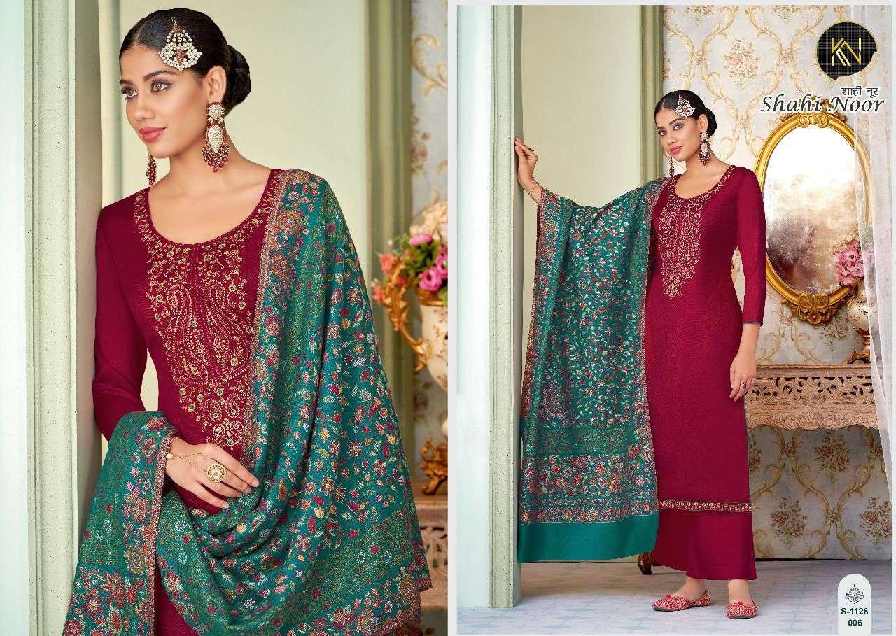 SHAHI NOOR BY KULNIDHI 1126-001 TO 1126-006 SERIES BEAUTIFUL SHARARA SUITS COLORFUL STYLISH FANCY CASUAL WEAR & ETHNIC WEAR PURE VISCOSE PASHMINA EMBROIDERED DRESSES AT WHOLESALE PRICE