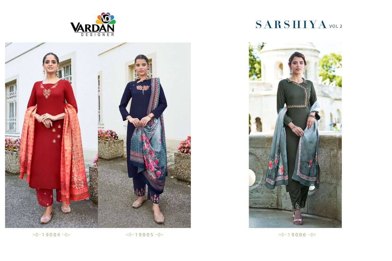 Sarshiya Vol-2 By Vardan Designer 19004 To 19006 Series Beautiful Suits Colorful Stylish Fancy Casual Wear & Ethnic Wear Rayon Embroidered Dresses At Wholesale Price