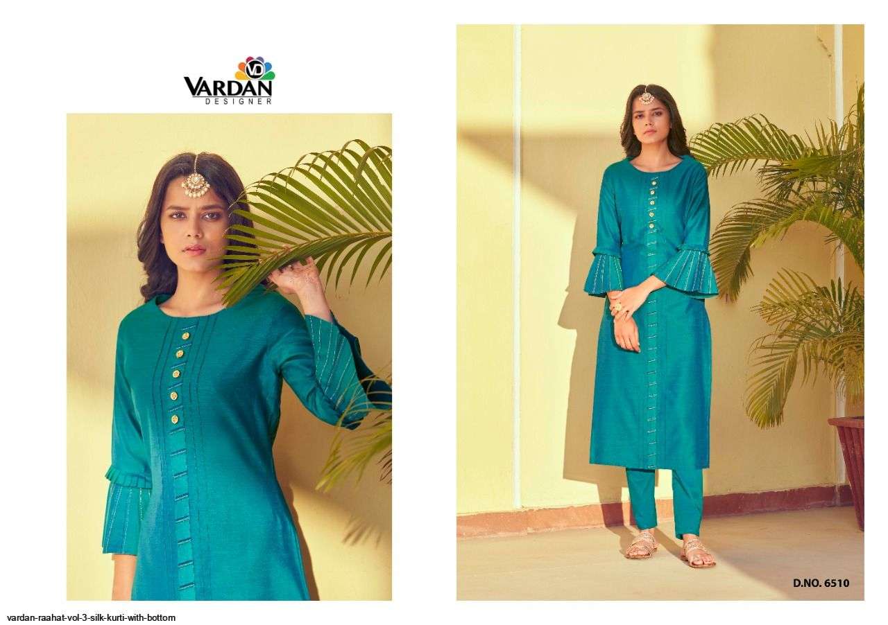 Raahat Vol-3 By Vardan Designer 6509 To 6511 Series Designer Stylish Fancy Colorful Beautiful Party Wear & Ethnic Wear Collection Silk Embroidered Kurtis With Bottom At Wholesale Price