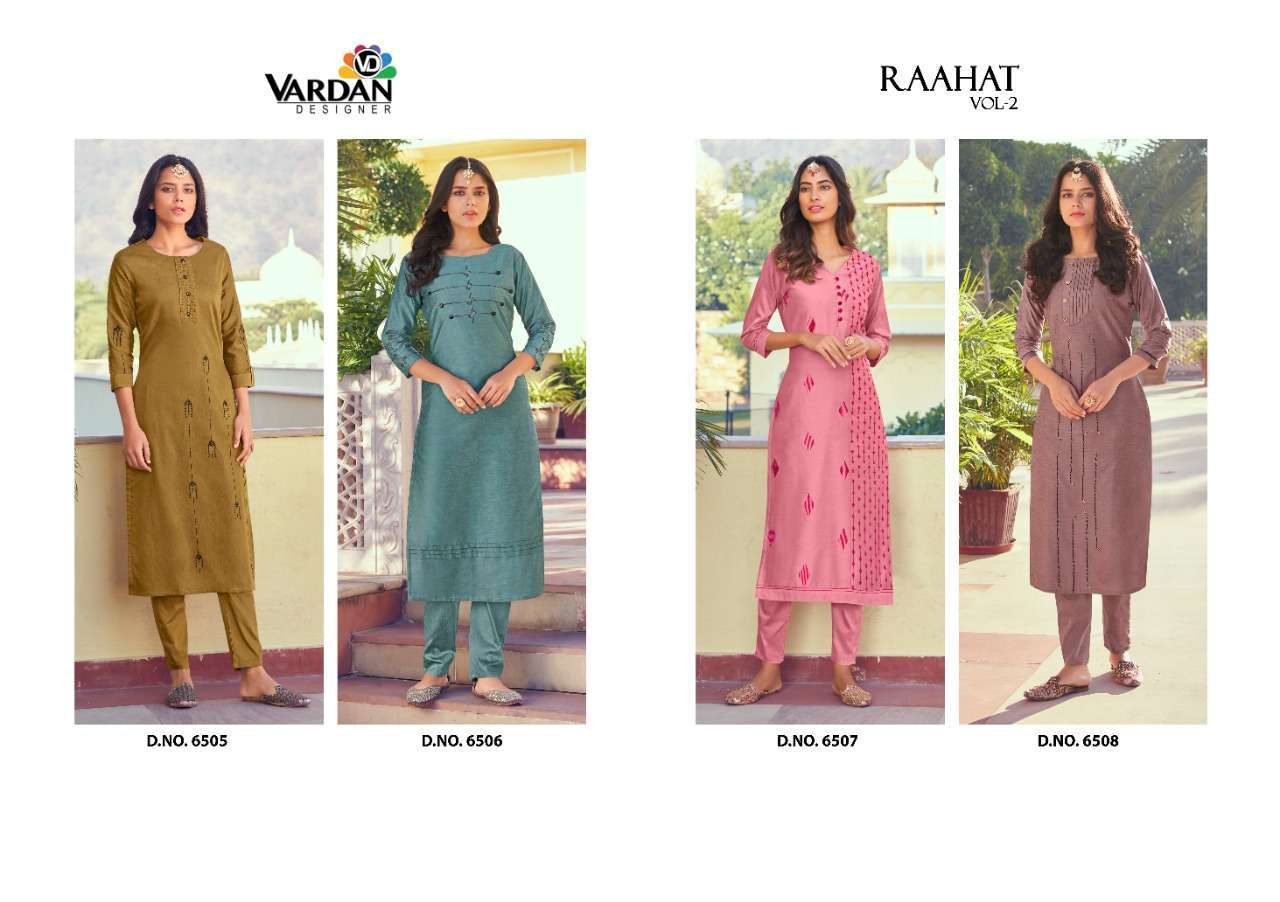Raahat Vol-2 By Vardan Designer 6505 To 6508 Series Designer Stylish Fancy Colorful Beautiful Party Wear & Ethnic Wear Collection Silk Embroidered Kurtis With Bottom At Wholesale Price
