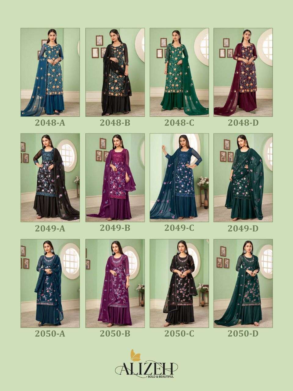 ZAIDA VOL-10 BY ALIZEH 2048-A TO 2050-D SERIES BEAUTIFUL SHARARA SUITS COLORFUL STYLISH FANCY CASUAL WEAR & ETHNIC WEAR GEORGETTE EMBROIDERED DRESSES AT WHOLESALE PRICE