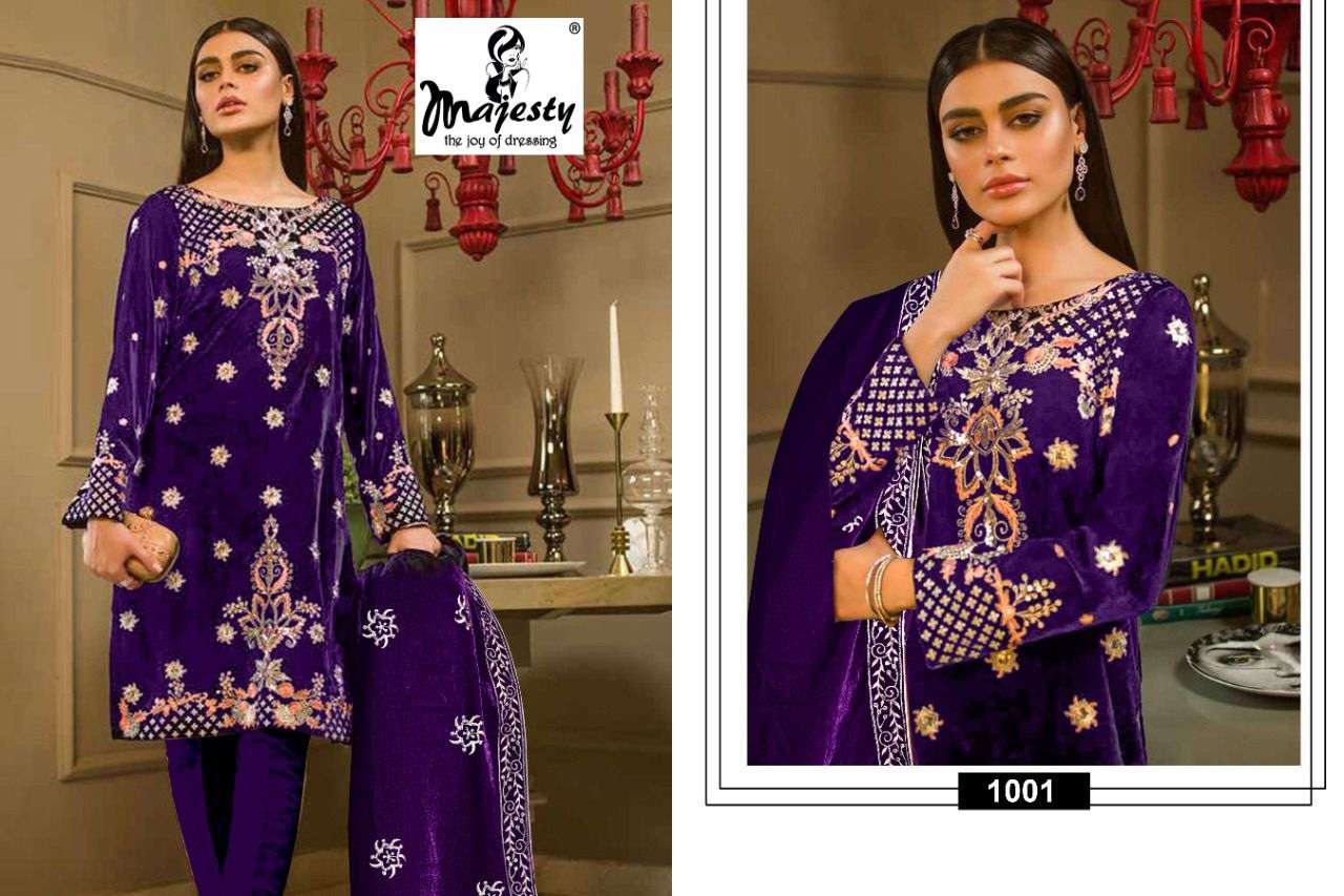 RANG RASIYA BY MAJESTY 1001 TO 1005 SERIES DESIGNER PAKISTANI SUITS COLLECTION BEAUTIFUL STYLISH FANCY COLORFUL PARTY WEAR & OCCASIONAL WEAR VELVET EMBROIDERED DRESSES AT WHOLESALE PRICE