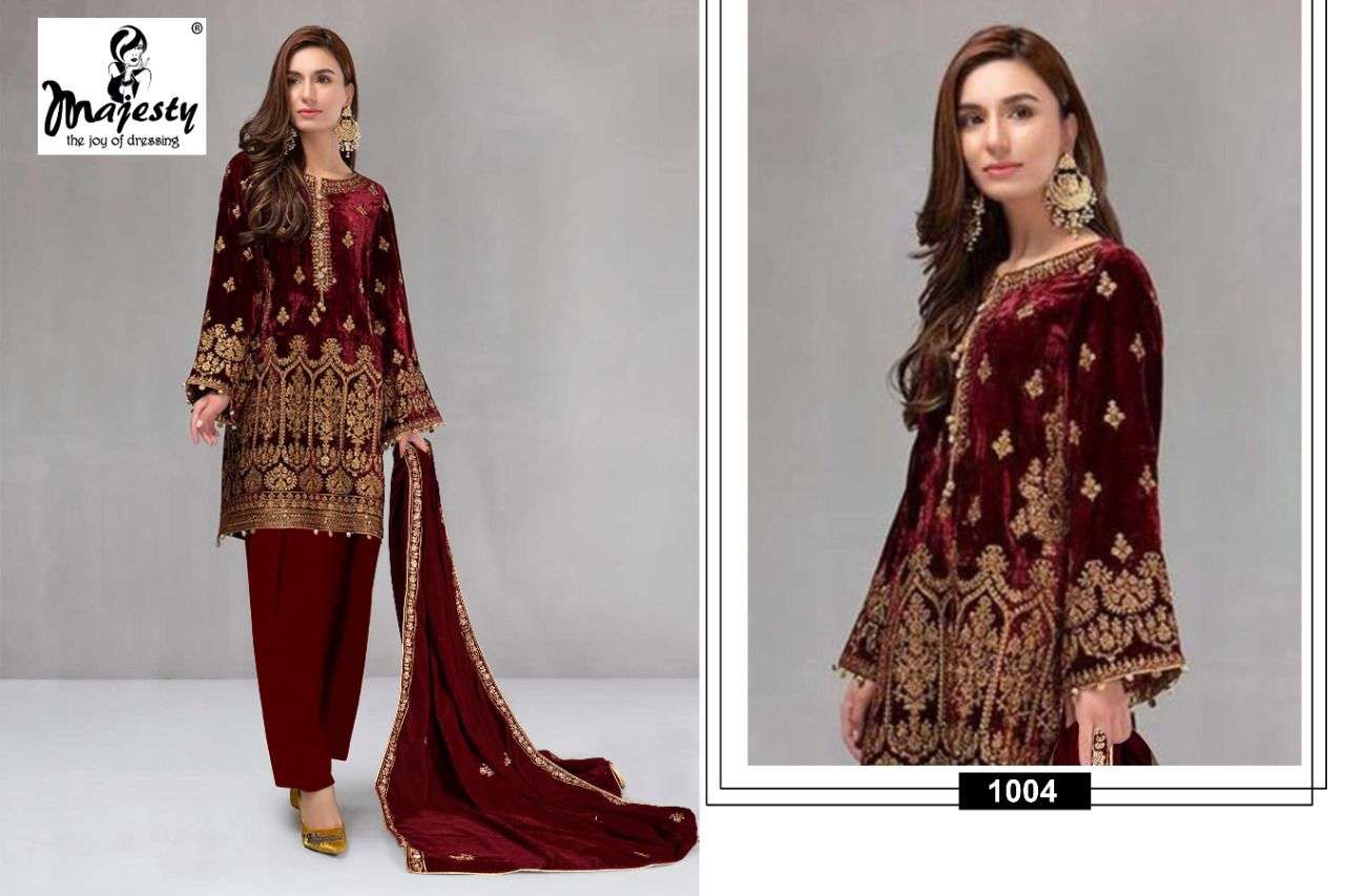RANG RASIYA BY MAJESTY 1001 TO 1005 SERIES DESIGNER PAKISTANI SUITS COLLECTION BEAUTIFUL STYLISH FANCY COLORFUL PARTY WEAR & OCCASIONAL WEAR VELVET EMBROIDERED DRESSES AT WHOLESALE PRICE