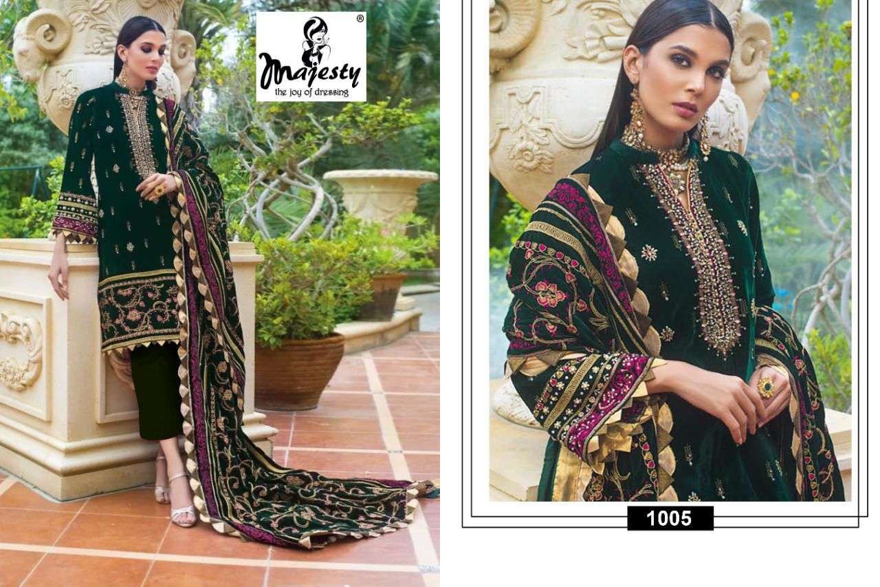RANG RASIYA BY MAJESTY 1001 TO 1005 SERIES DESIGNER PAKISTANI SUITS COLLECTION BEAUTIFUL STYLISH FANCY COLORFUL PARTY WEAR & OCCASIONAL WEAR VELVET EMBROIDERED DRESSES AT WHOLESALE PRICE