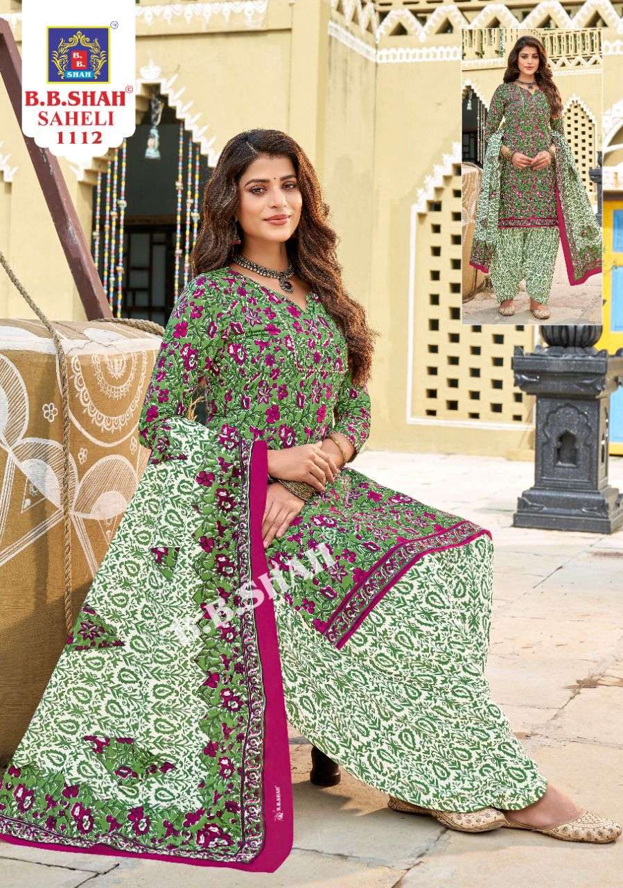 SAHELI VOL-1 BY B B SHAH 1101 TO 1112 SERIES DESIGNER SUITS COLLECTION BEAUTIFUL STYLISH FANCY COLORFUL PARTY WEAR & OCCASIONAL WEAR FAUX PURE COTTON EMBROIDERED DRESSES AT WHOLESALE PRICE