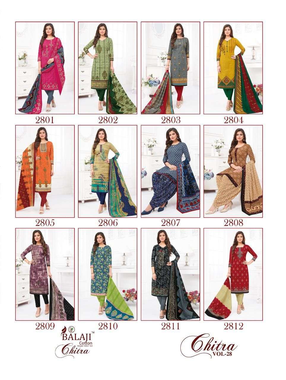 CHITRA VOL-28 BY BALAJI COTTON 2801 TO 2812 SERIES BEAUTIFUL SUITS COLORFUL STYLISH FANCY CASUAL WEAR & ETHNIC WEAR PURE COTTON DRESSES AT WHOLESALE PRICE