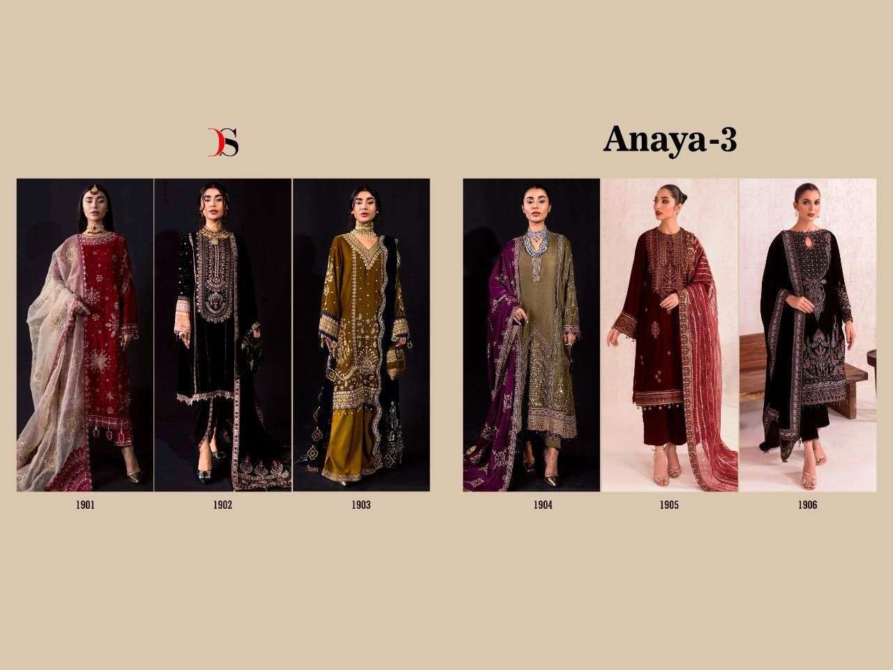 ANAYA VOL-3 BY DEEPSY SUITS 1901 TO 1906 SERIES BEAUTIFUL PAKISTANI SUITS COLORFUL STYLISH FANCY CASUAL WEAR & ETHNIC WEAR VELVET EMBROIDERED DRESSES AT WHOLESALE PRICE