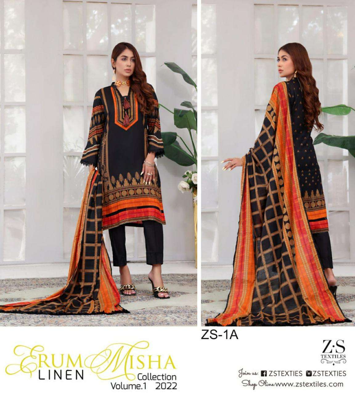 ERUM MISHA LINEN BY ZS TEXTILE 1A TO 8A SERIES BEAUTIFUL PAKISTANI SUITS COLORFUL STYLISH FANCY CASUAL WEAR & ETHNIC WEAR LINEN PRINT DRESSES AT WHOLESALE PRICE