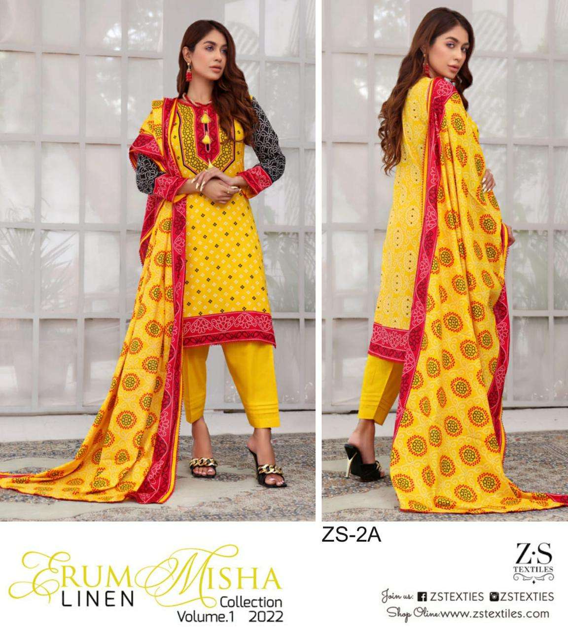 ERUM MISHA LINEN BY ZS TEXTILE 1A TO 8A SERIES BEAUTIFUL PAKISTANI SUITS COLORFUL STYLISH FANCY CASUAL WEAR & ETHNIC WEAR LINEN PRINT DRESSES AT WHOLESALE PRICE