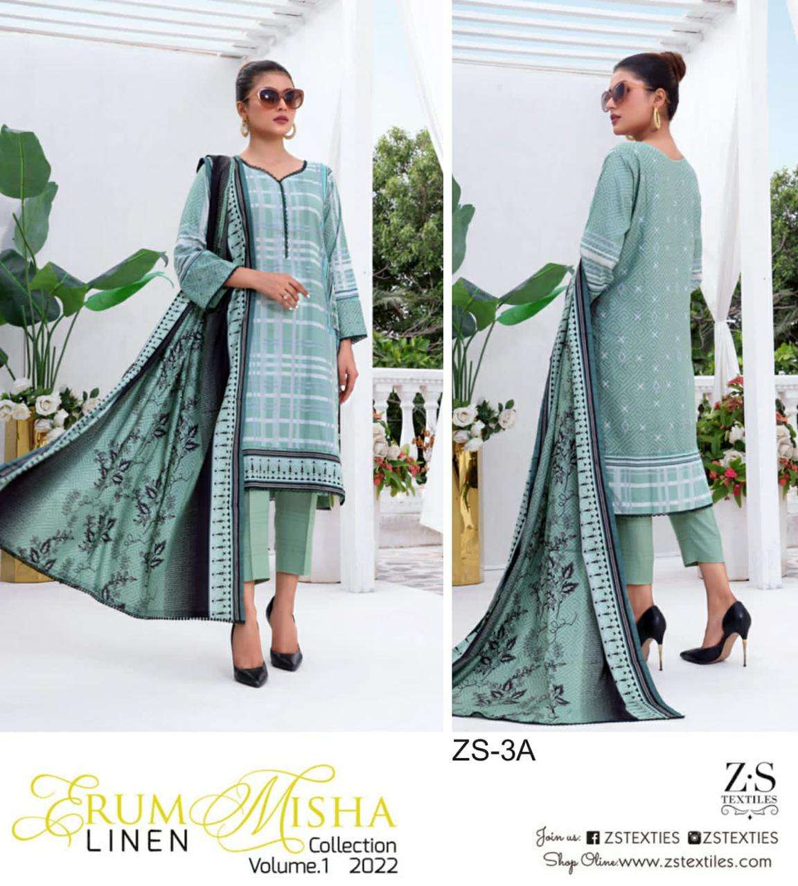 ERUM MISHA LINEN BY ZS TEXTILE 1A TO 8A SERIES BEAUTIFUL PAKISTANI SUITS COLORFUL STYLISH FANCY CASUAL WEAR & ETHNIC WEAR LINEN PRINT DRESSES AT WHOLESALE PRICE