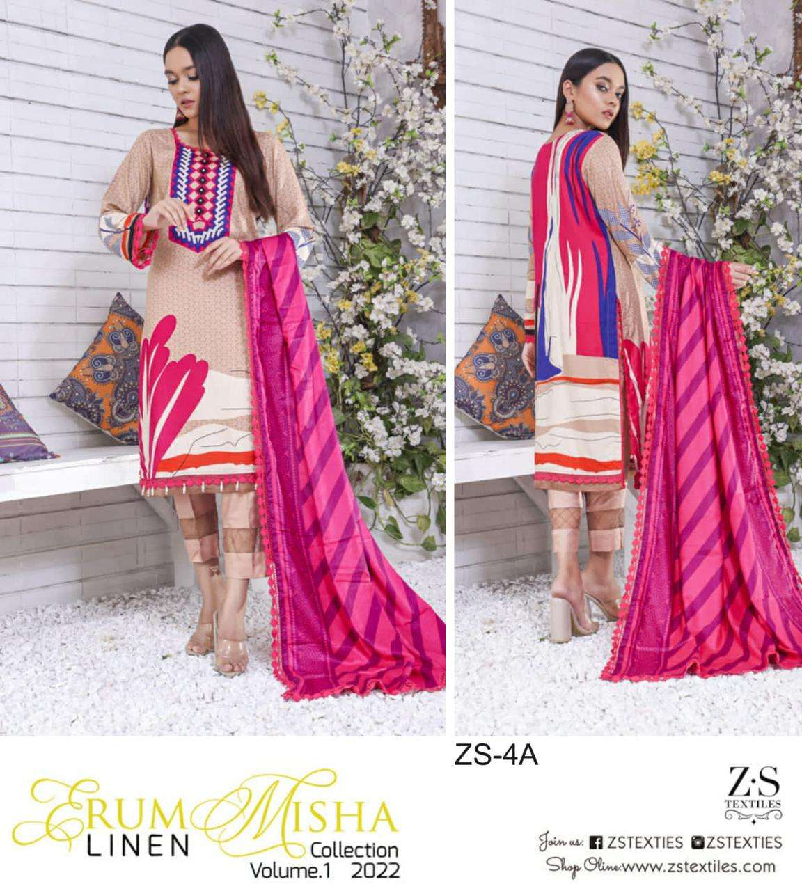 ERUM MISHA LINEN BY ZS TEXTILE 1A TO 8A SERIES BEAUTIFUL PAKISTANI SUITS COLORFUL STYLISH FANCY CASUAL WEAR & ETHNIC WEAR LINEN PRINT DRESSES AT WHOLESALE PRICE