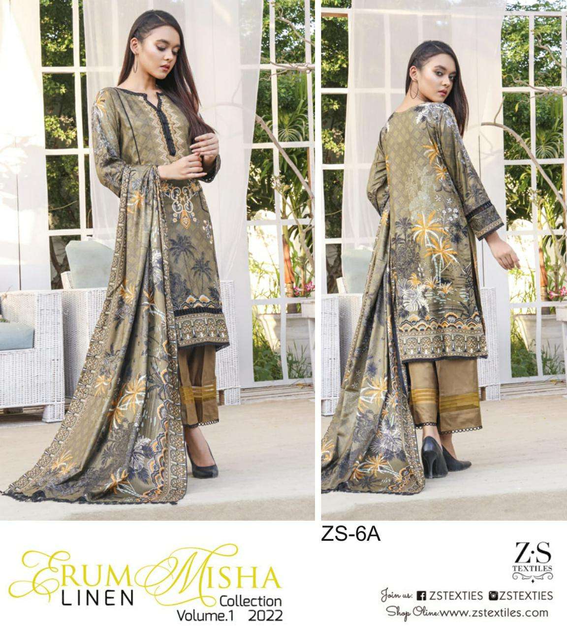 ERUM MISHA LINEN BY ZS TEXTILE 1A TO 8A SERIES BEAUTIFUL PAKISTANI SUITS COLORFUL STYLISH FANCY CASUAL WEAR & ETHNIC WEAR LINEN PRINT DRESSES AT WHOLESALE PRICE