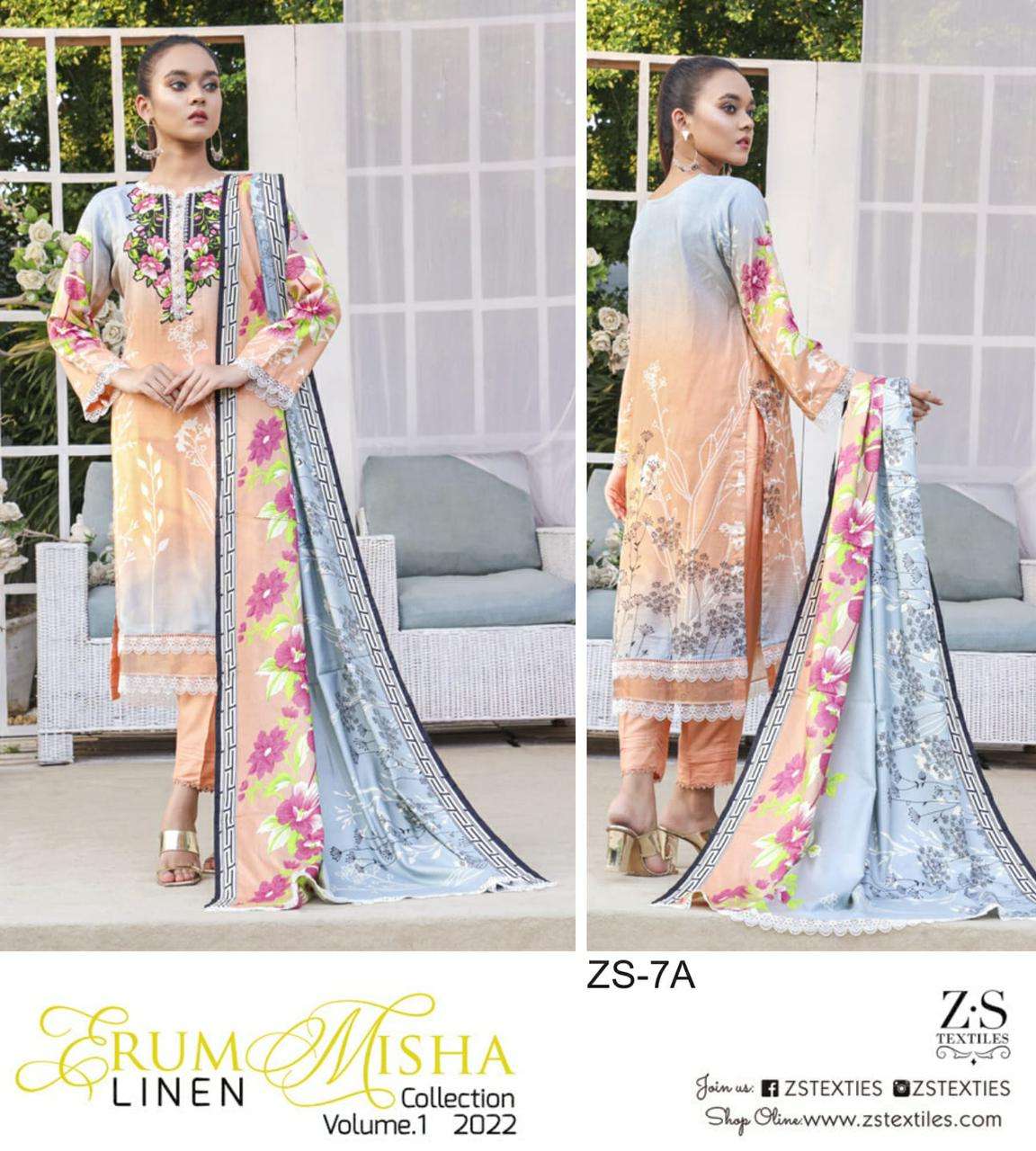 ERUM MISHA LINEN BY ZS TEXTILE 1A TO 8A SERIES BEAUTIFUL PAKISTANI SUITS COLORFUL STYLISH FANCY CASUAL WEAR & ETHNIC WEAR LINEN PRINT DRESSES AT WHOLESALE PRICE