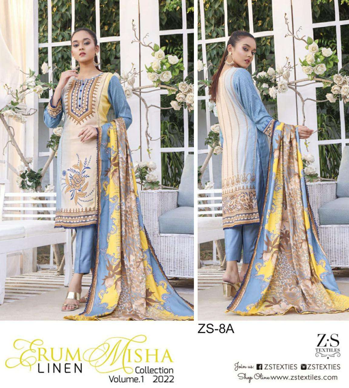 ERUM MISHA LINEN BY ZS TEXTILE 1A TO 8A SERIES BEAUTIFUL PAKISTANI SUITS COLORFUL STYLISH FANCY CASUAL WEAR & ETHNIC WEAR LINEN PRINT DRESSES AT WHOLESALE PRICE