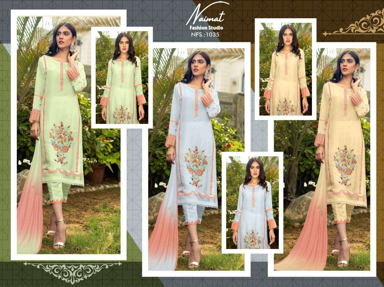NAIMAT 1035 COLOURS BY NAIMAT FASHION STUDIO 1035-A TO 1035-C SERIES BEAUTIFUL PAKISTANI SUITS COLORFUL STYLISH FANCY CASUAL WEAR & ETHNIC WEAR PURE FAUX DRESSES AT WHOLESALE PRICE
