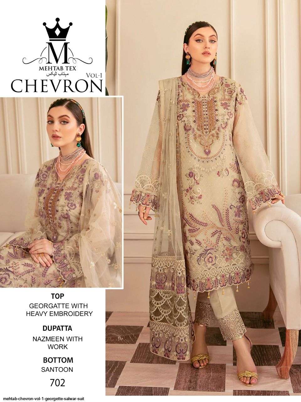 Chevron Vol-1 By Mehtab Tex 701 To 703 Series Pakistani Suits Beautiful Fancy Colorful Stylish Party Wear & Occasional Wear Georgette Embroidery Dresses At Wholesale Price