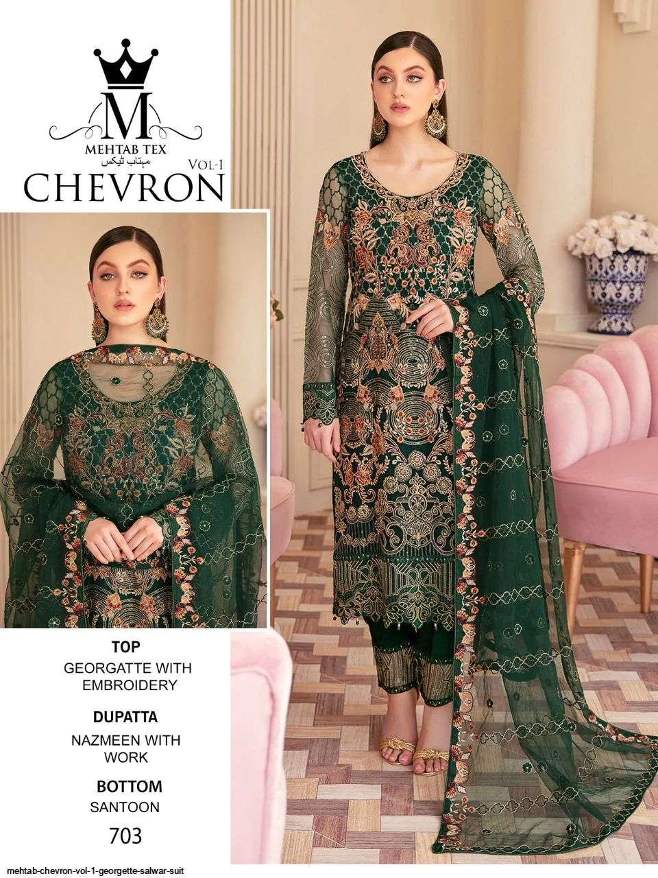 Chevron Vol-1 By Mehtab Tex 701 To 703 Series Pakistani Suits Beautiful Fancy Colorful Stylish Party Wear & Occasional Wear Georgette Embroidery Dresses At Wholesale Price