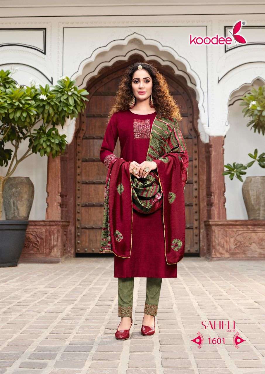 SAHELI VOL-16 BY KOODEE 1601 TO 1606 SERIES SUITS BEAUTIFUL FANCY COLORFUL STYLISH PARTY WEAR & OCCASIONAL WEAR CHINNON DRESSES AT WHOLESALE PRICE