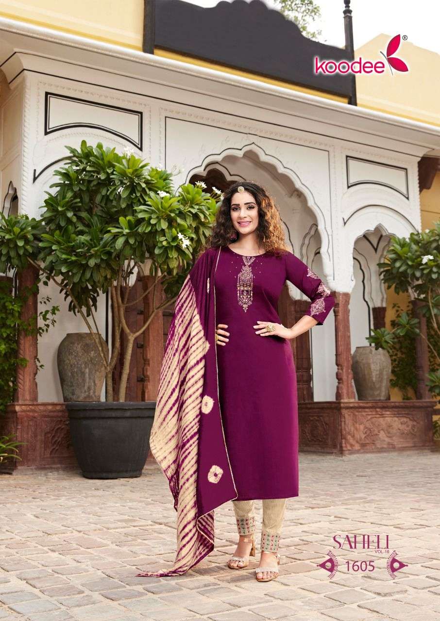 SAHELI VOL-16 BY KOODEE 1601 TO 1606 SERIES SUITS BEAUTIFUL FANCY COLORFUL STYLISH PARTY WEAR & OCCASIONAL WEAR CHINNON DRESSES AT WHOLESALE PRICE