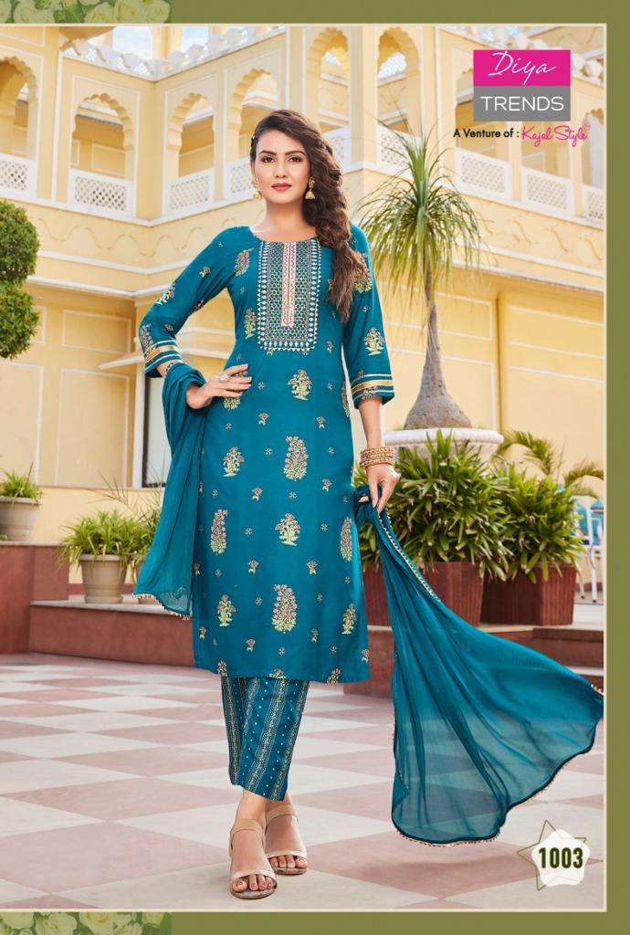 ZUBEDA VOL-1 BY DIYA TRENDS 1001 TO 1010 SERIES SUITS BEAUTIFUL FANCY COLORFUL STYLISH PARTY WEAR & OCCASIONAL WEAR RAYON PRINT DRESSES AT WHOLESALE PRICE
