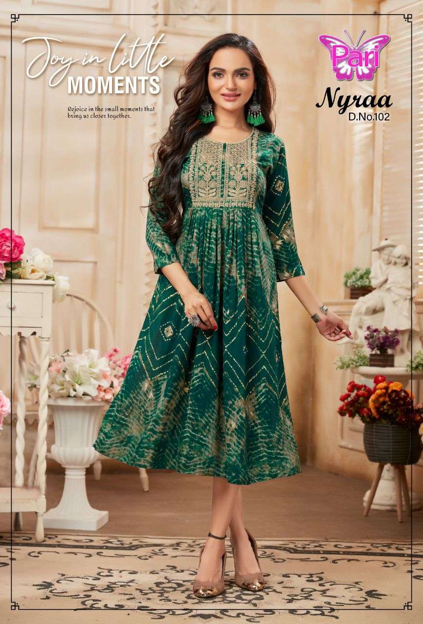 NYRAA BY PARI 101 TO 108 SERIES BEAUTIFUL STYLISH FANCY COLORFUL CASUAL WEAR & ETHNIC WEAR RAYON PRINTS KURTIS AT WHOLESALE PRICE