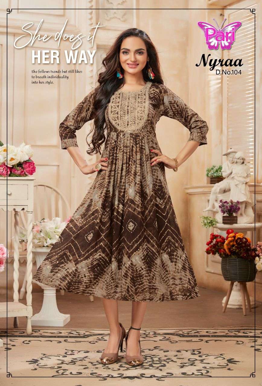 NYRAA BY PARI 101 TO 108 SERIES BEAUTIFUL STYLISH FANCY COLORFUL CASUAL WEAR & ETHNIC WEAR RAYON PRINTS KURTIS AT WHOLESALE PRICE